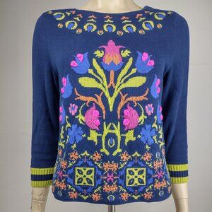 WHR blue colorful floral Intarsia embroidered cotton blend sweater ladies Small